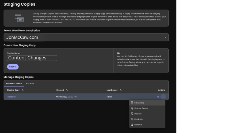 WordPress staging site sync process with live site