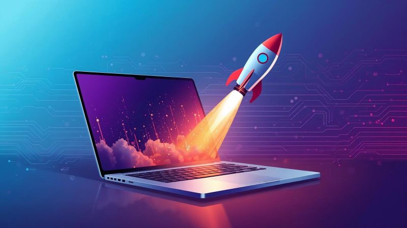 Illustration of a rocket launching from a laptop screen representing website speed optimization, part of the best WordPress plugins for beginners.