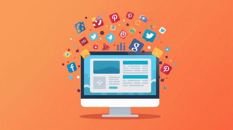 Illustration of blog post with social media sharing icons around it, demonstrating social sharing plugins for the best WordPress plugins for beginners.